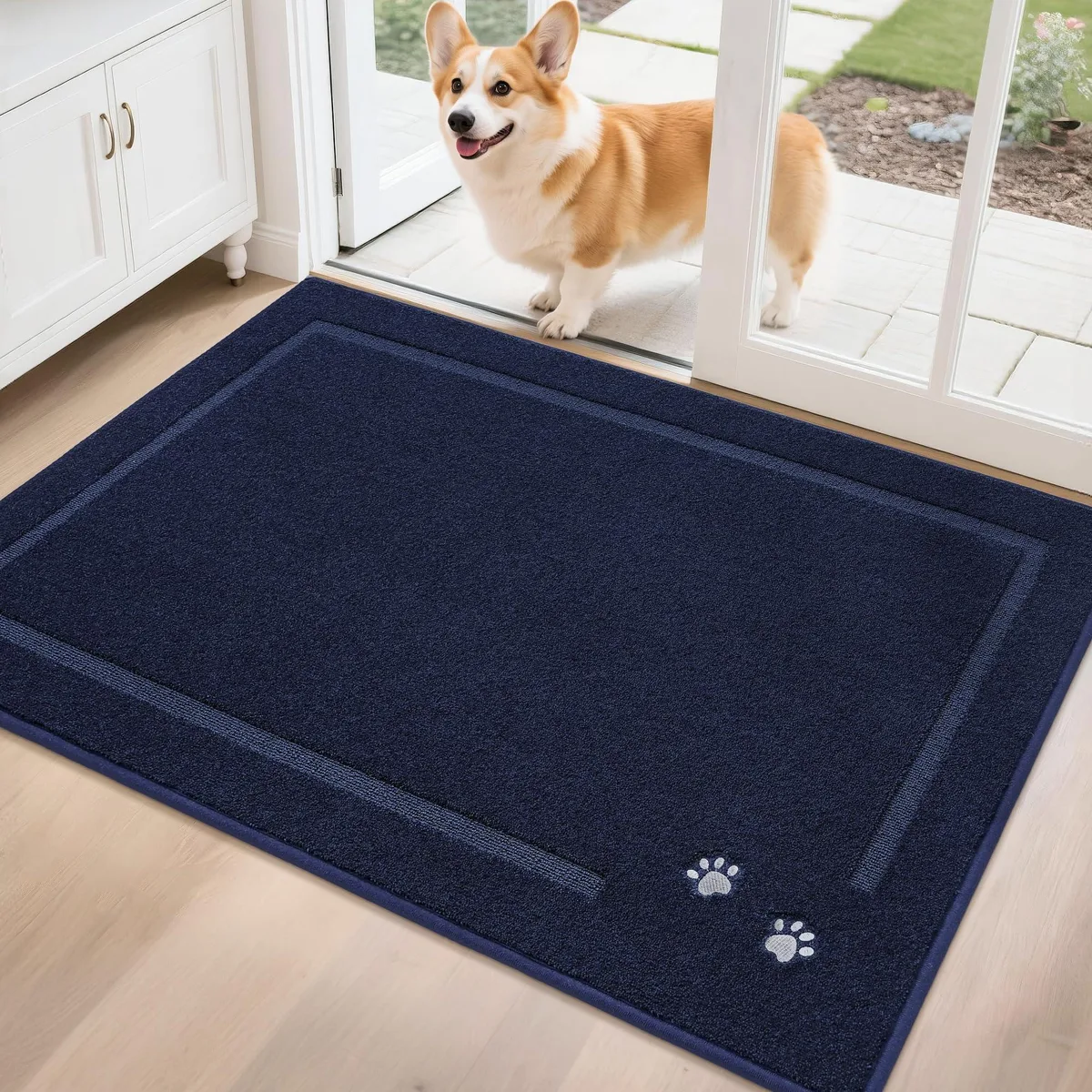 Rectangular navy-blue door mat, 32 by 48 inches, low-profile flat weave with reinforced edges