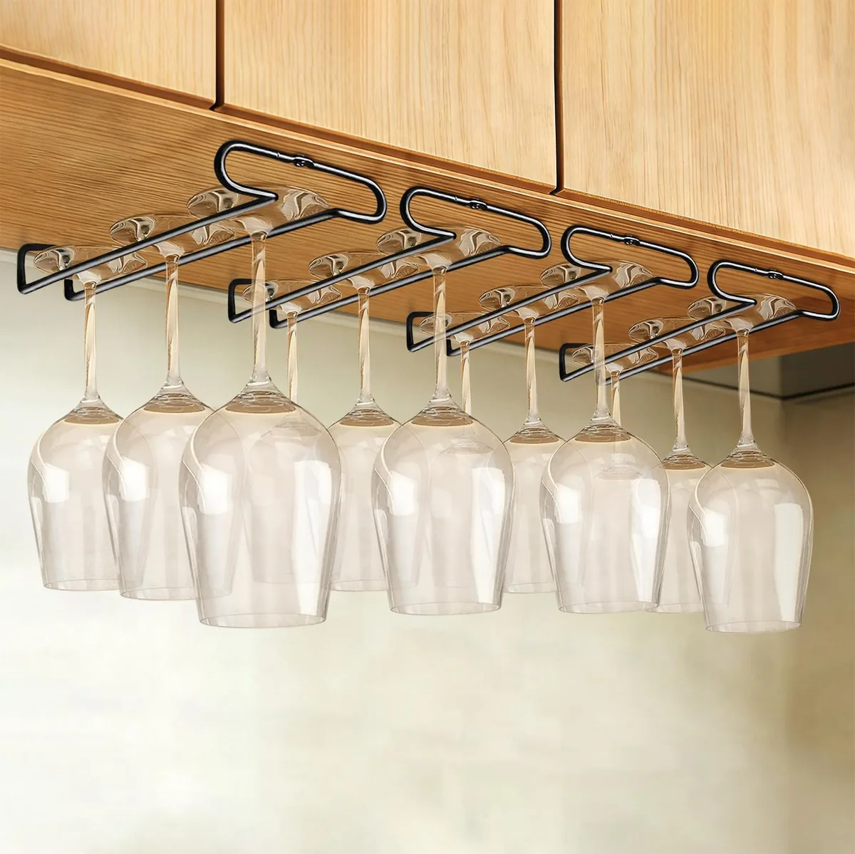 Four black metal wine glass racks with mounting hardware