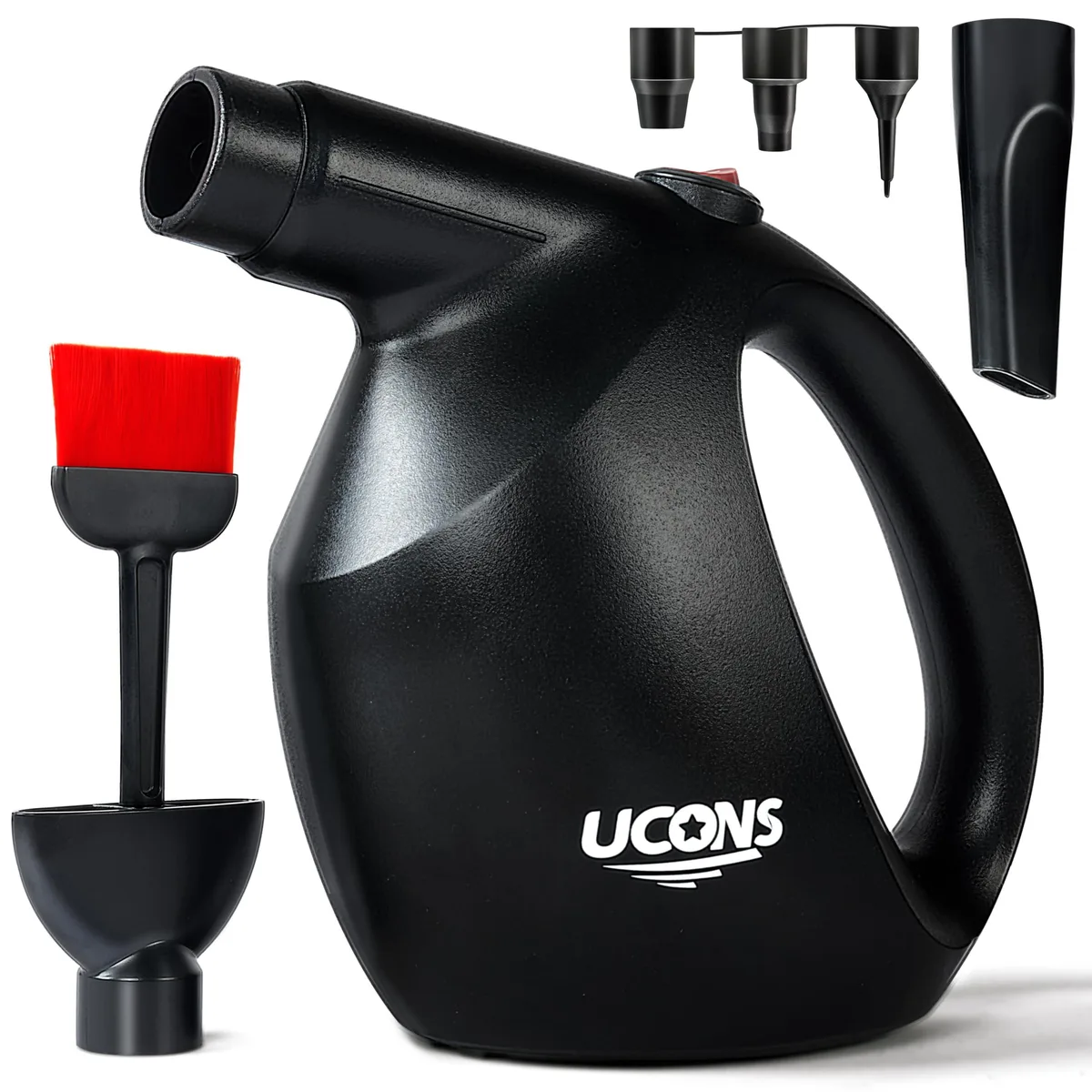 Black Metra electric air duster with ergonomic rubber grip and nozzle attachments