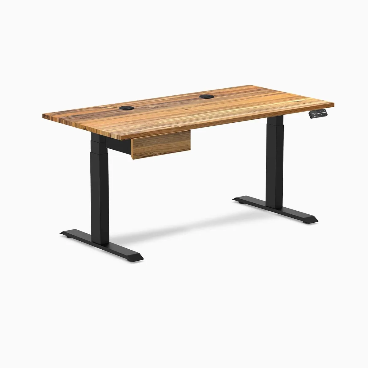 Desky Desky Dual Hardwood Standing Desk Teak 60 x 30 inches with Drawer Matte Black — product photo