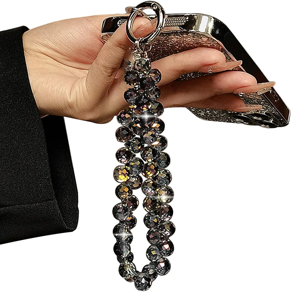 Black beaded wrist strap with metal clasp and tether tab, 5.5 inches long