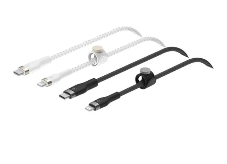 Two braided USB-C to Lightning cables in black and white with magnetic straps
