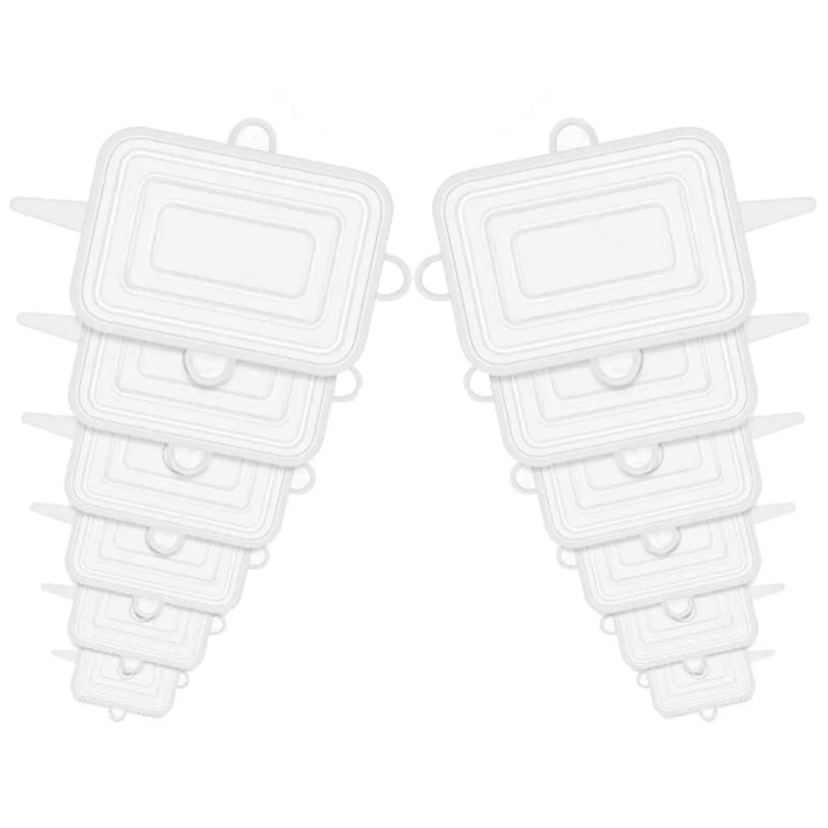 Twelve transparent rectangular silicone stretch lids in six sizes, stacked together