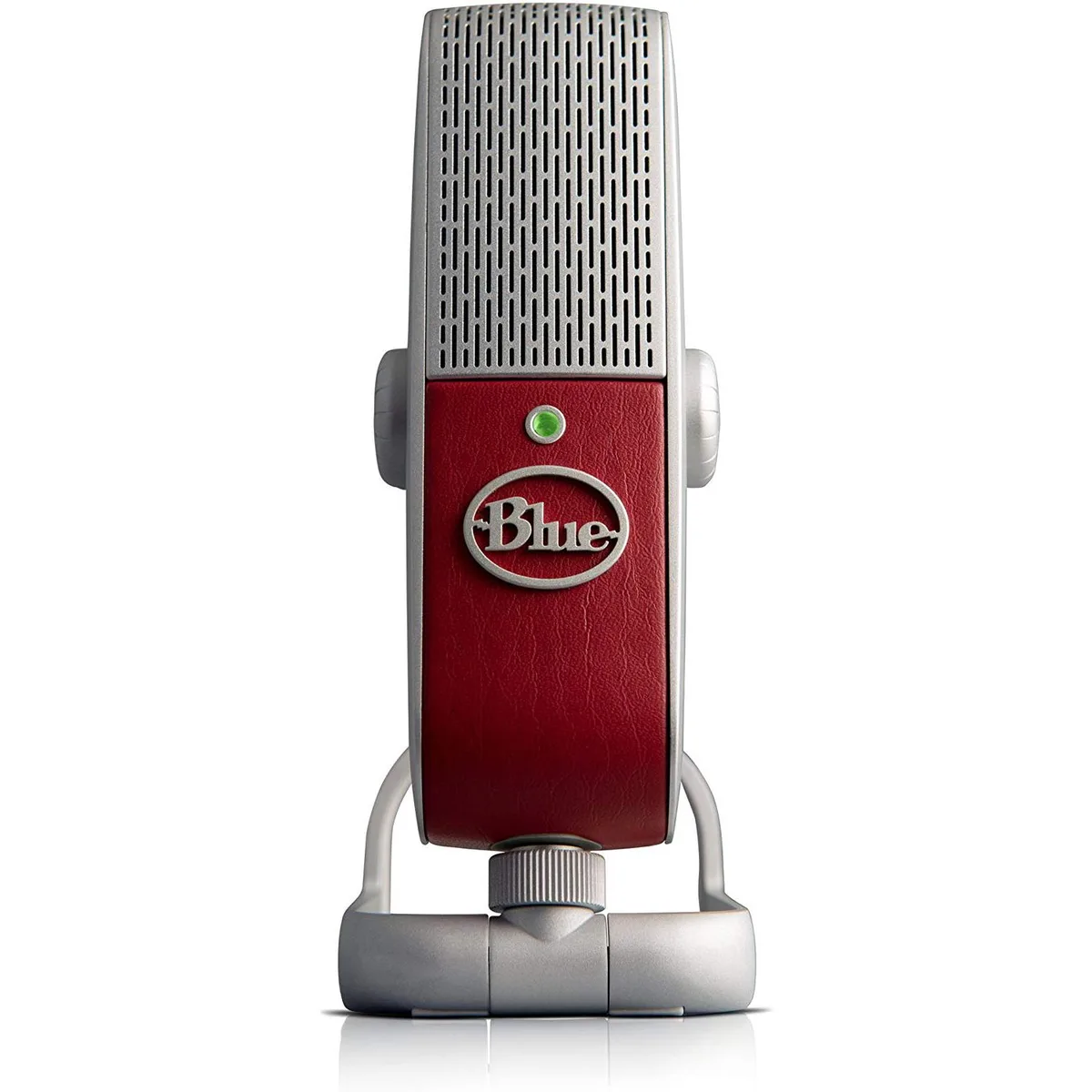 Red USB microphone with collapsible stand and headphone jack