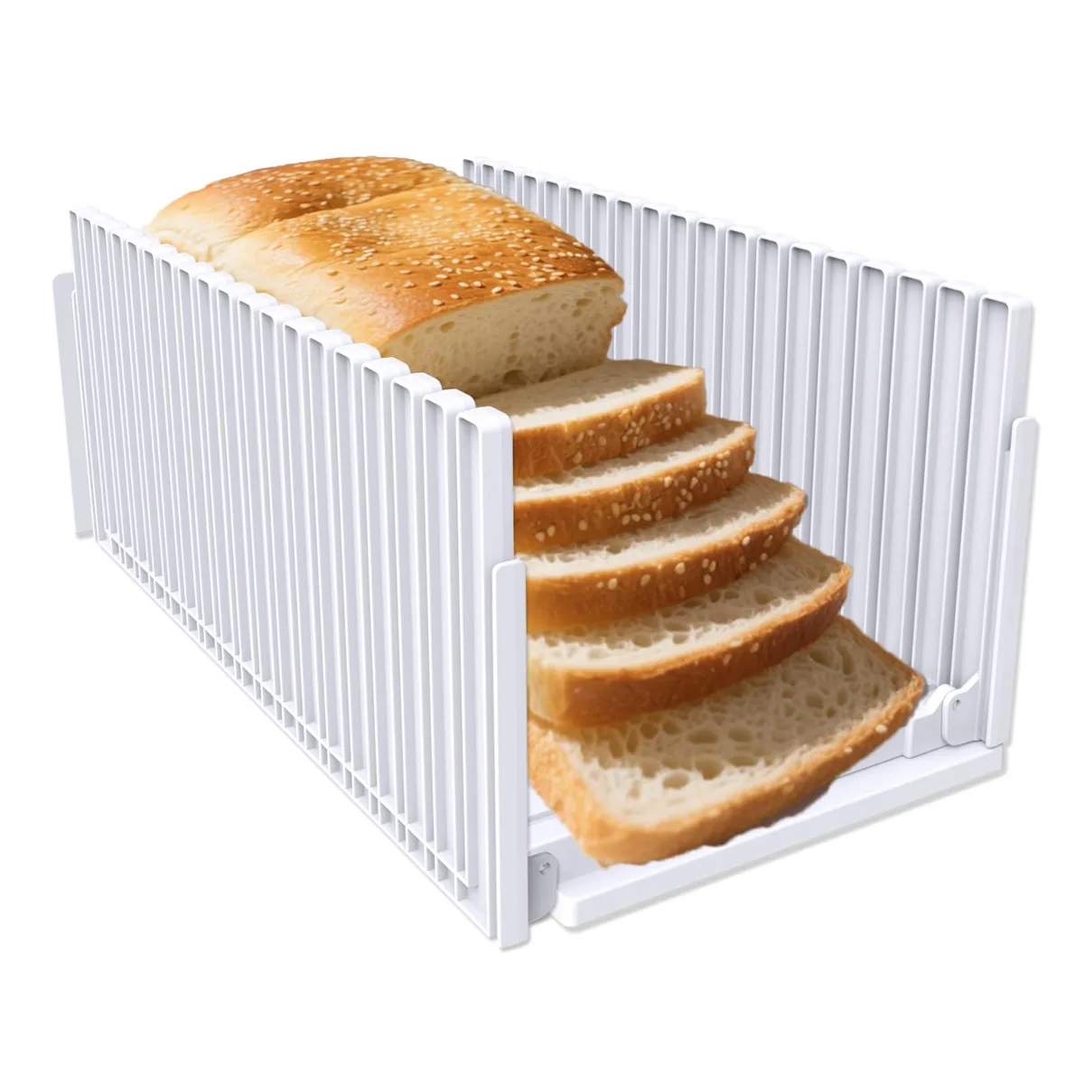 White ABS plastic foldable bread slicer with adjustable rails and non-slip base