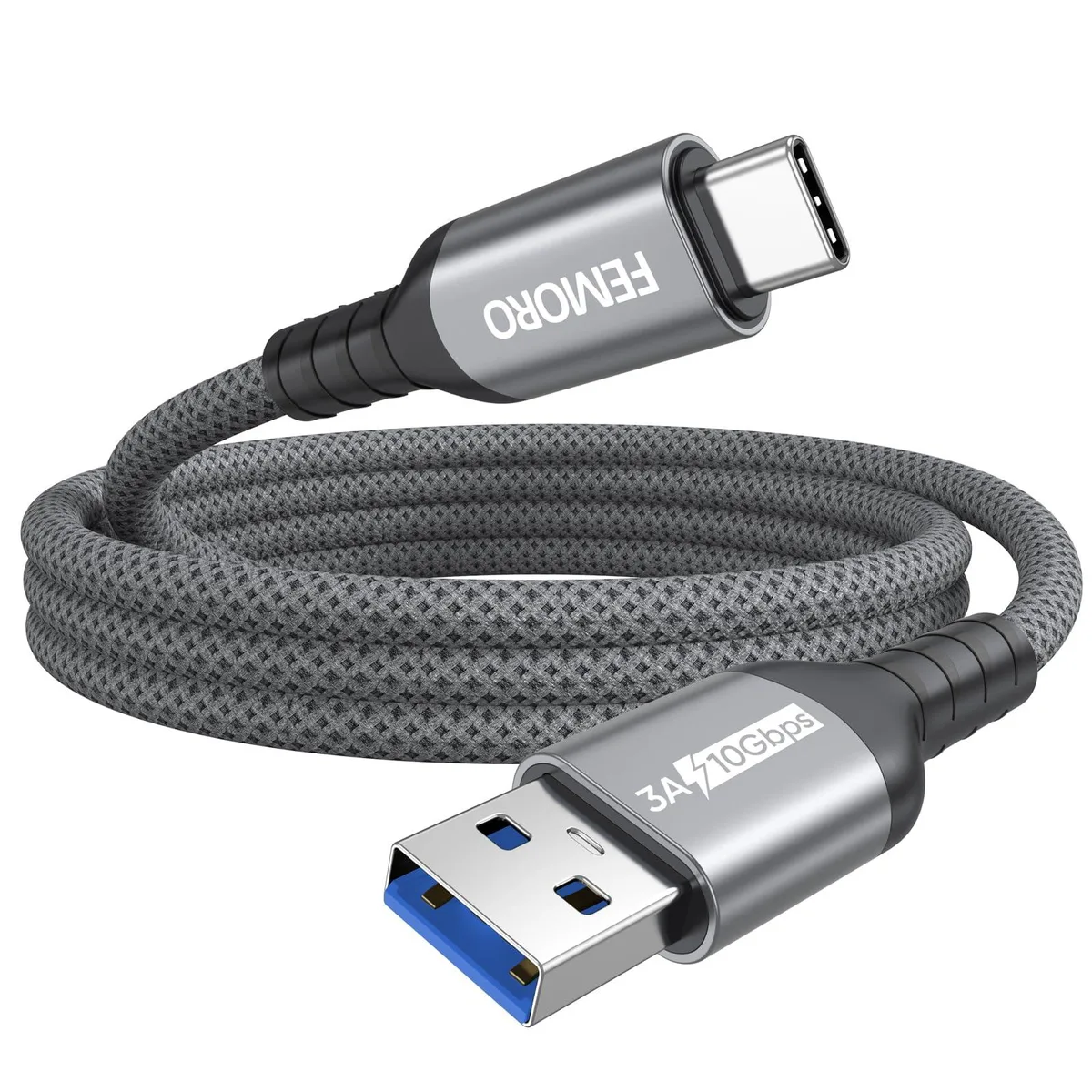 Grey braided USB-A to USB-C cable with metal connectors, two metres long