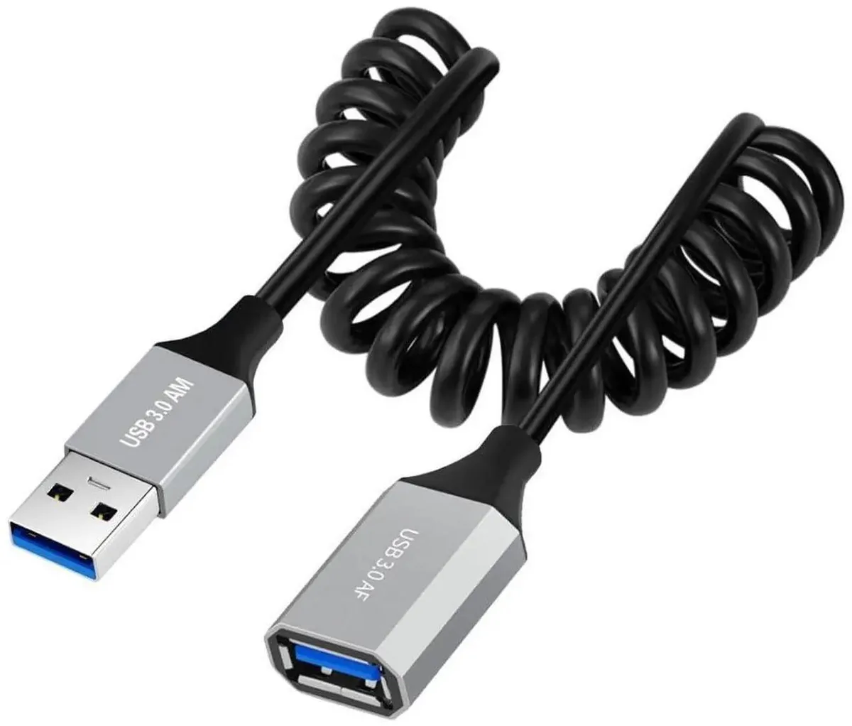 Coiled USB 3.0 extension cable, male to female, 3.28ft stretchable spring design