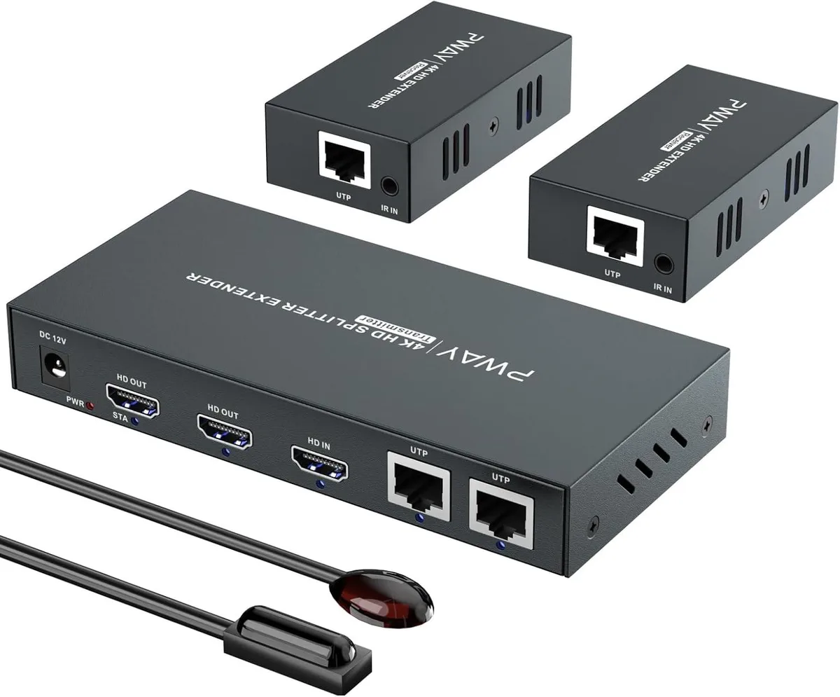 FLEANE FLEANE HDMI Extender Splitter 1x2 4K@60Hz 60m Loop Out CAT5/6/7 IR EDID Audio Adapter — product photo