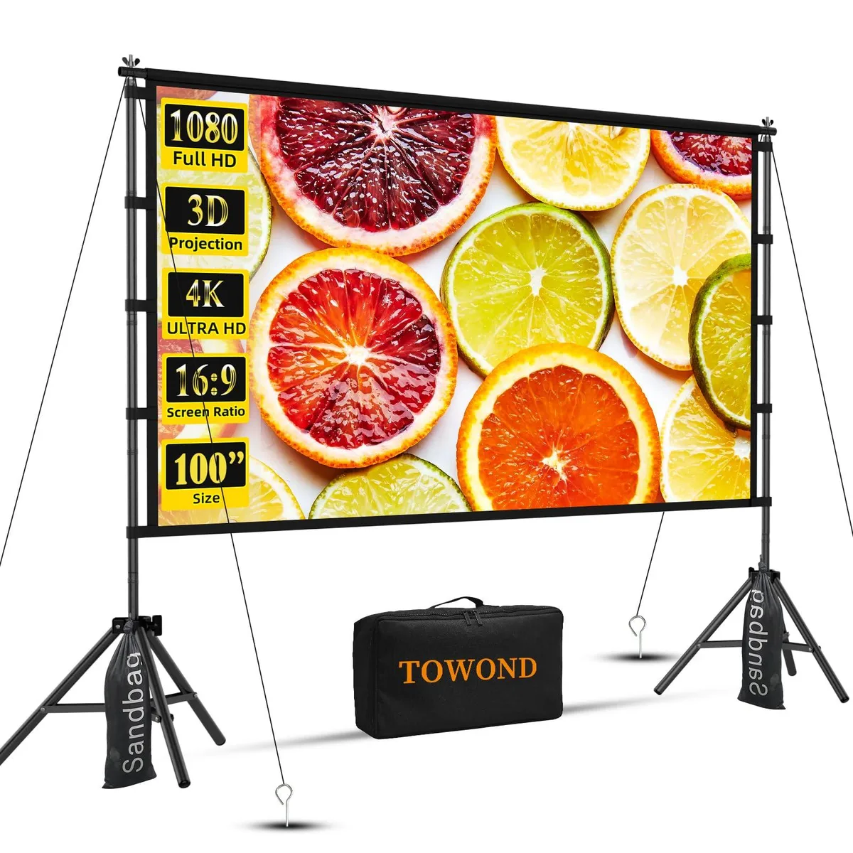  TOWOND 100 inch Projector Screen with Stand 16:9 160° 19mm Poles 6 Ropes 6 Stakes 2 Sandbags Carry Bag — product photo