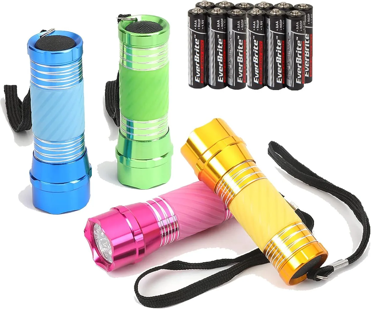 lelisten lelisten 4-Pack Mini LED Aluminum Flashlight (green yellow blue pink) 12 AAA batteries — product photo