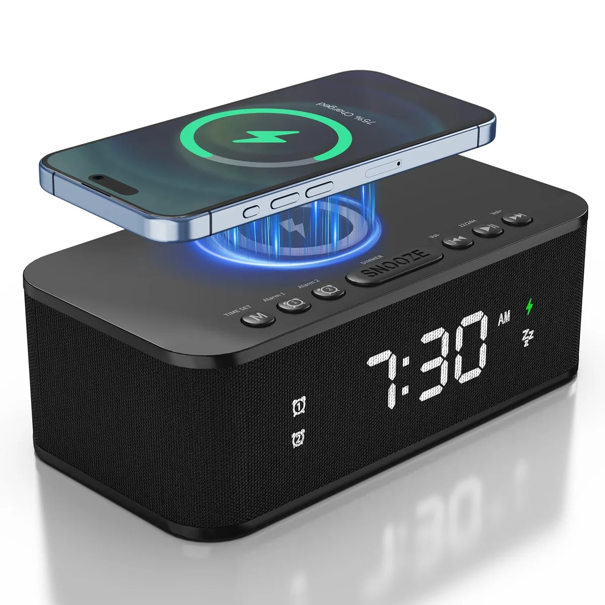 Black rectangular digital clock 10.0 in wide with speaker grille