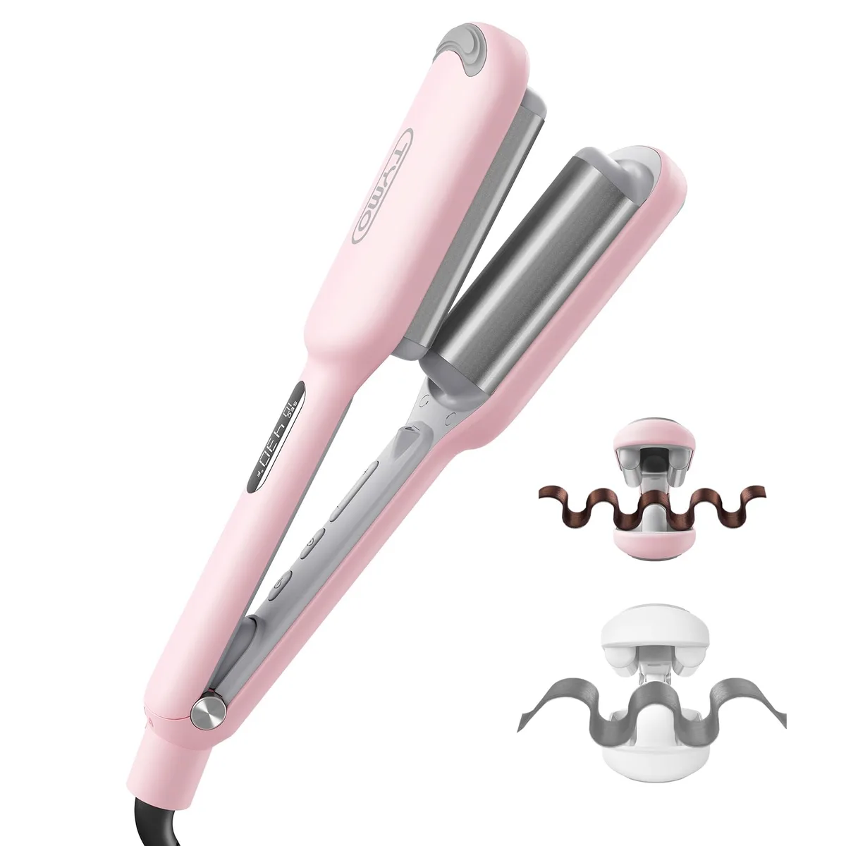 Pink three-barrel hair waver with insulated clamp design