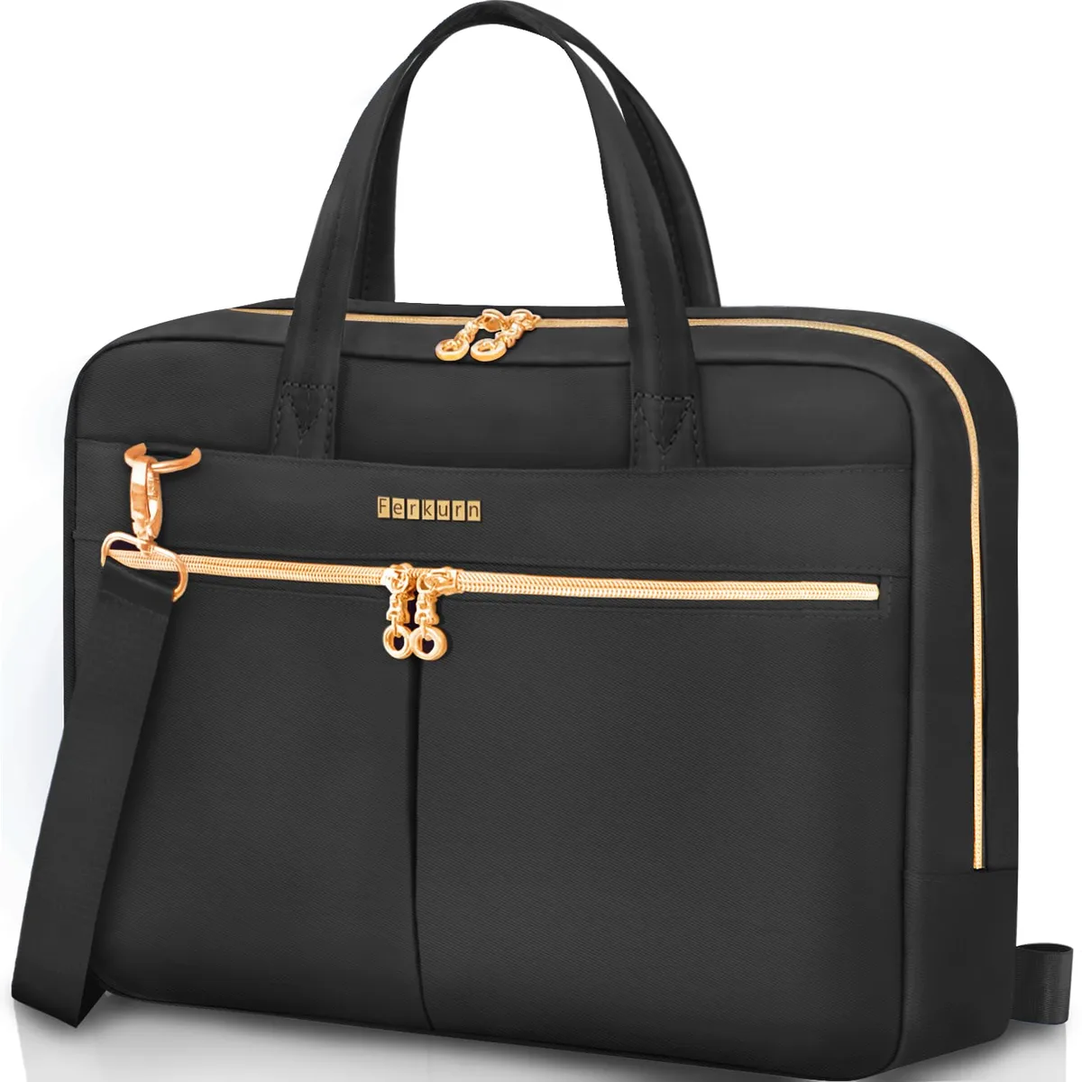 Black laptop briefcase with water-repellent polyester finish, padded sleeve, detachable shoulder strap, exterior zip pockets