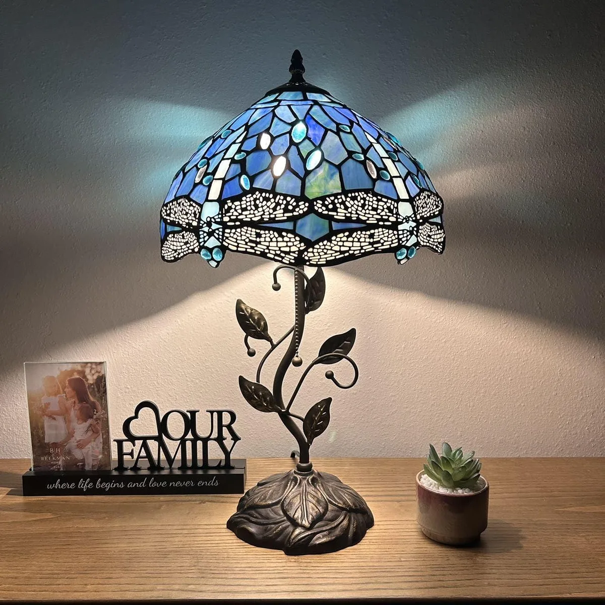 XIN CHENG TIFFANY LIGHTING XIN CHENG TIFFANY LIGHTING Tiffany Table Lamp Blue Dragonfly Bronze Base 12" 22"H — product photo