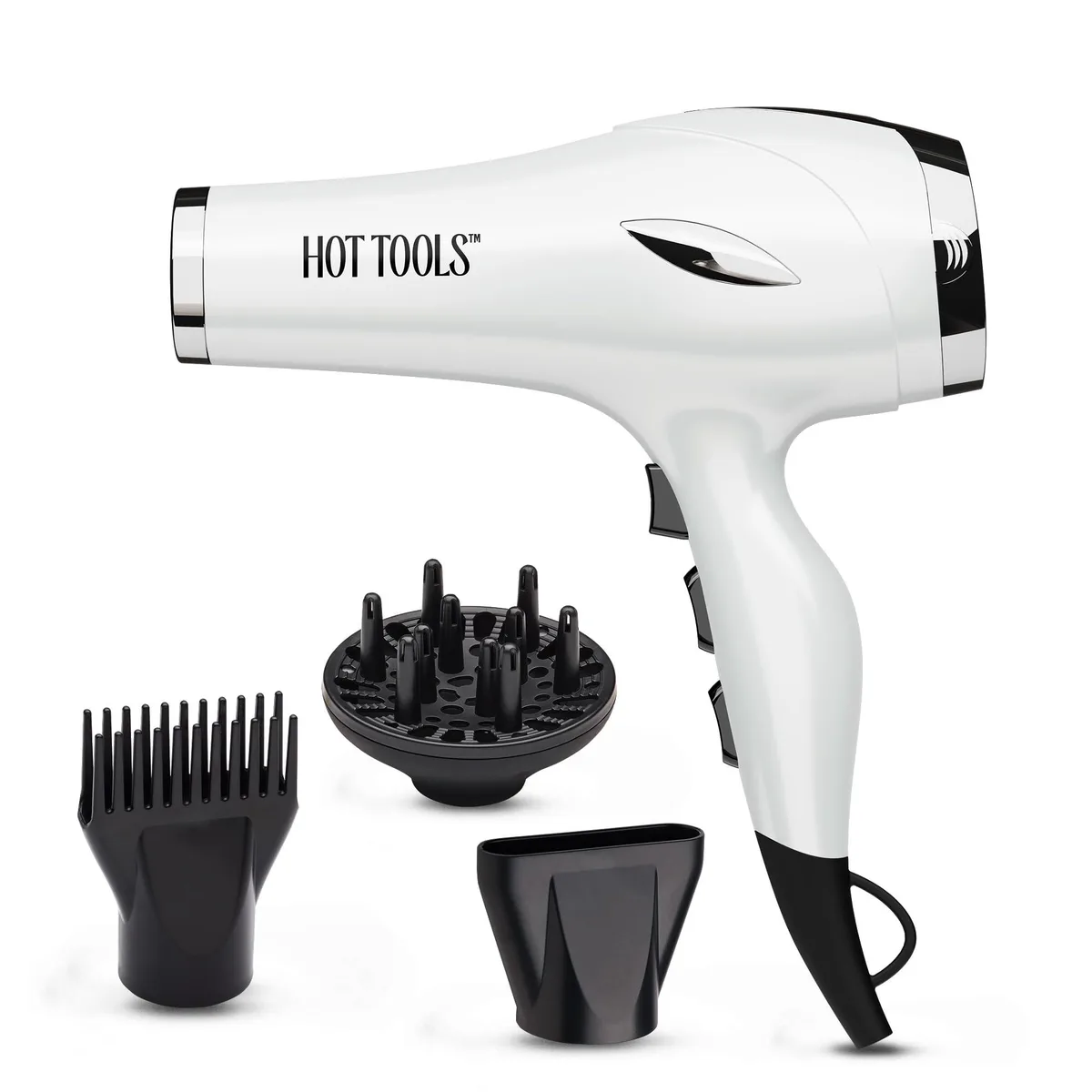 White hair dryer with ceramic barrel, lightweight body and long cord