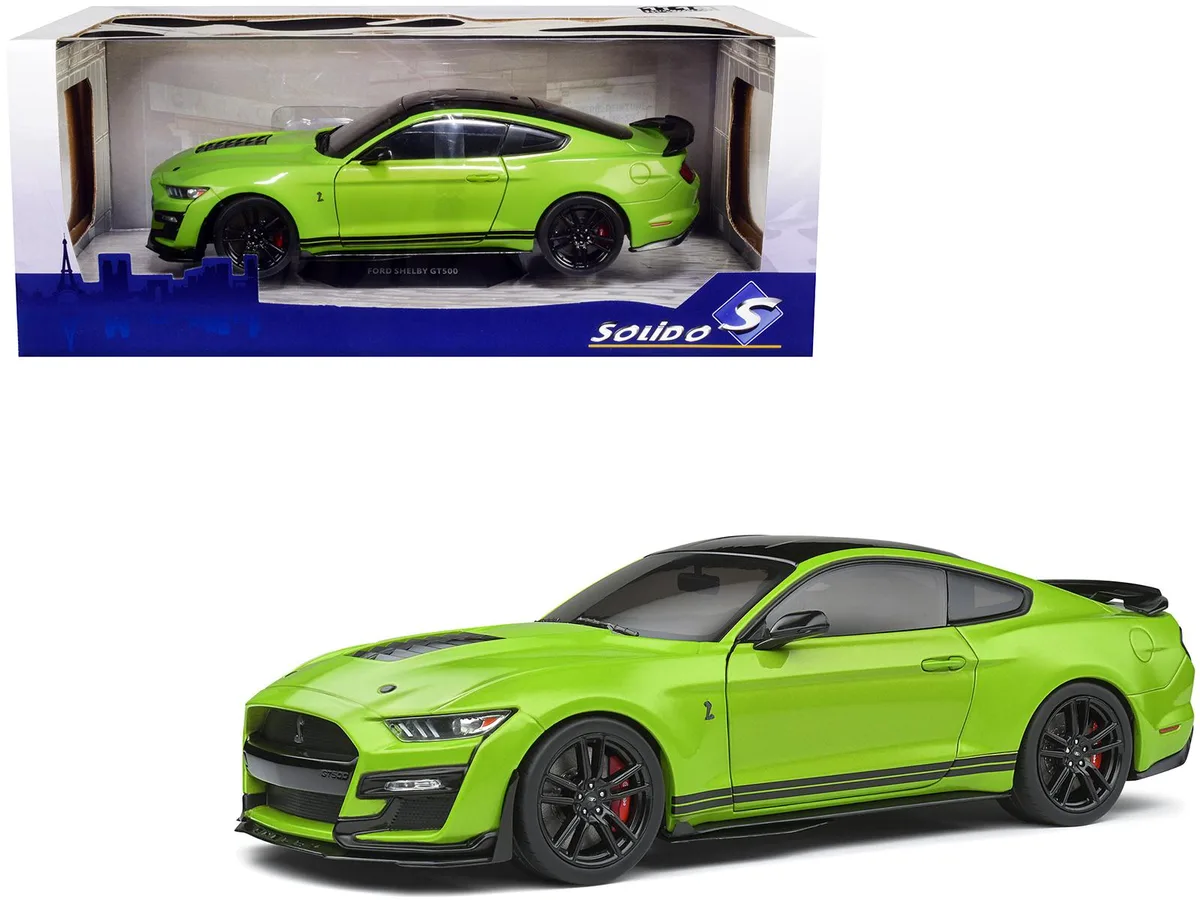 Solido Solido 2020 Ford Mustang Shelby GT500 Grabber Lime Green Metallic Black Top Stripes 1/18 Diecast Car — product photo