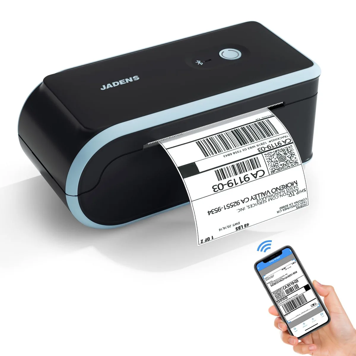Compact white thermal label printer with integrated paper bin, 24 by 11 by 18 cm