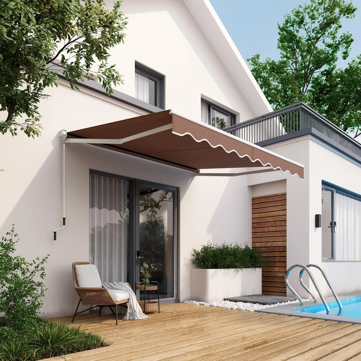 Brown retractable awning with metal frame and crank handle visible, fabric extended