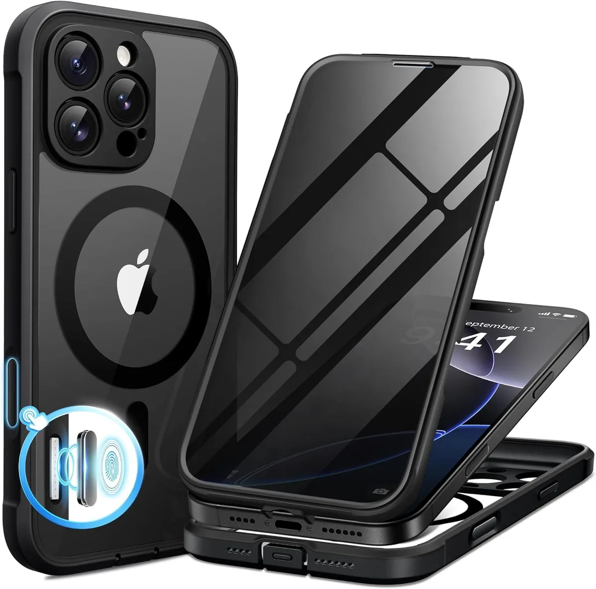 Black magnetic full-body case for iPhone 16 Pro Max 6.9 with built-in privacy screen protector