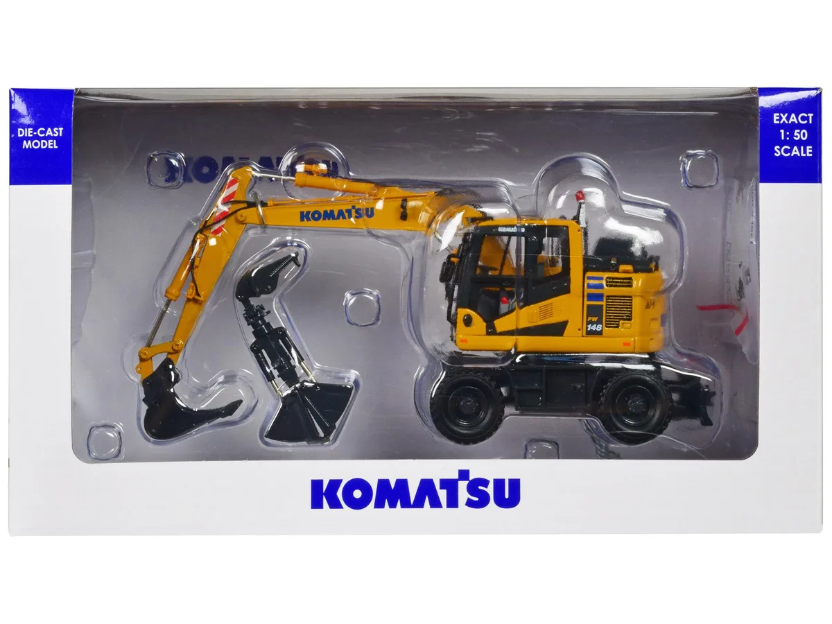 UNIVERSAL HOBBIES UNIVERSAL HOBBIES Komatsu PW148-11 Wheel Loader Yellow Standard Clamshell Buckets 1/50 Diecast — product photo