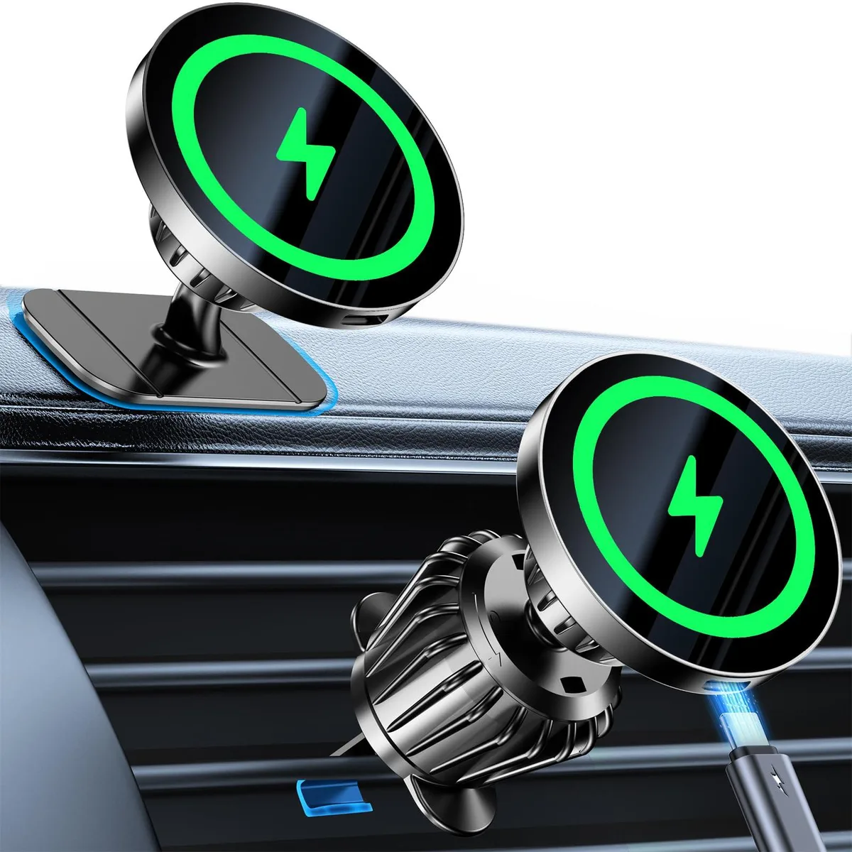 Black MagSafe car mount charger with adhesive dashboard base and metal-hook vent clip, 360-degree rotating head