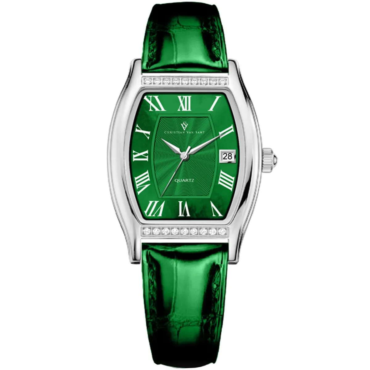 Stainless steel watch with green dial and leather strap