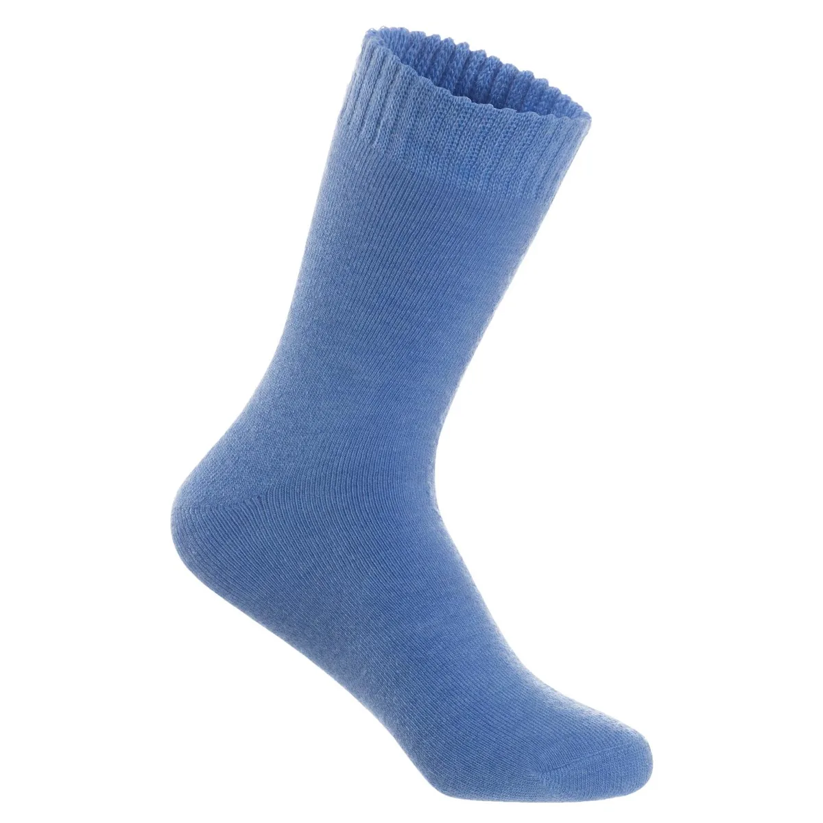 A single pair of blue wool crew socks laid flat