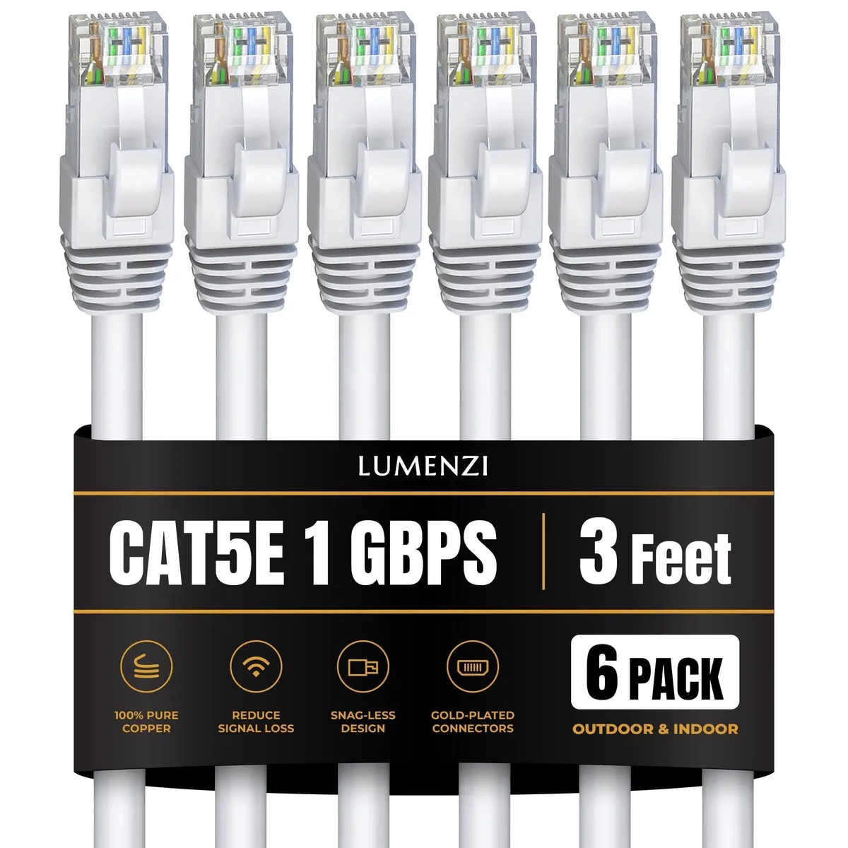 Lumenzi Lumenzi Cat 5e Ethernet Cable 3 FT White 6 Pack 1 Gbps — product photo