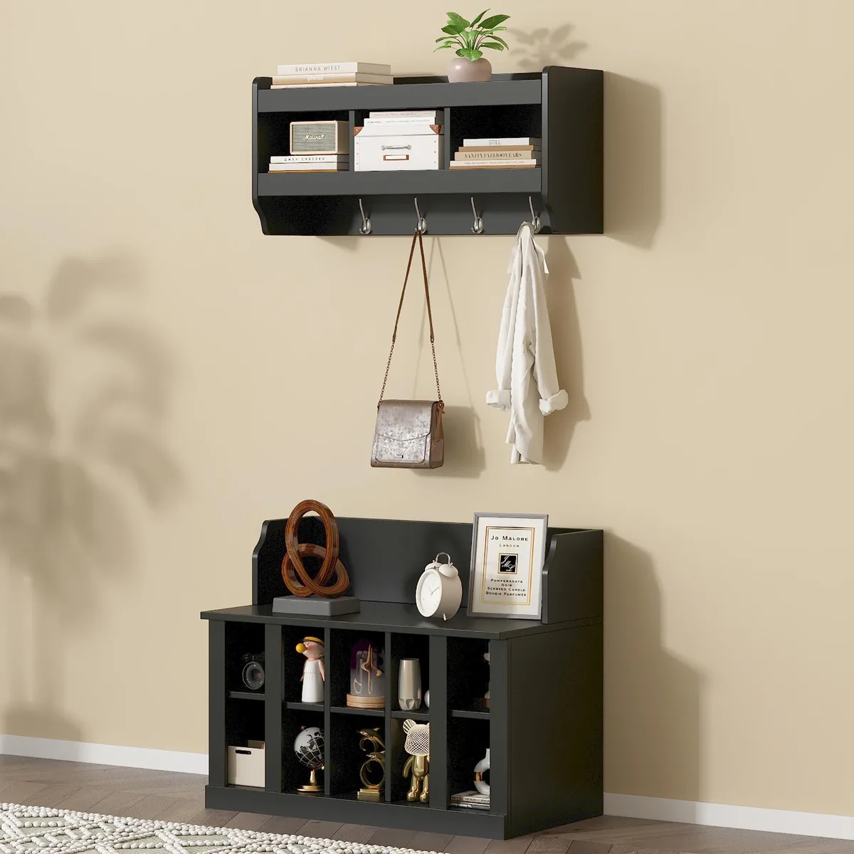 tuphen tuphen Shoe Storage Bench with Shelves and 4 Hooks, Black — product photo