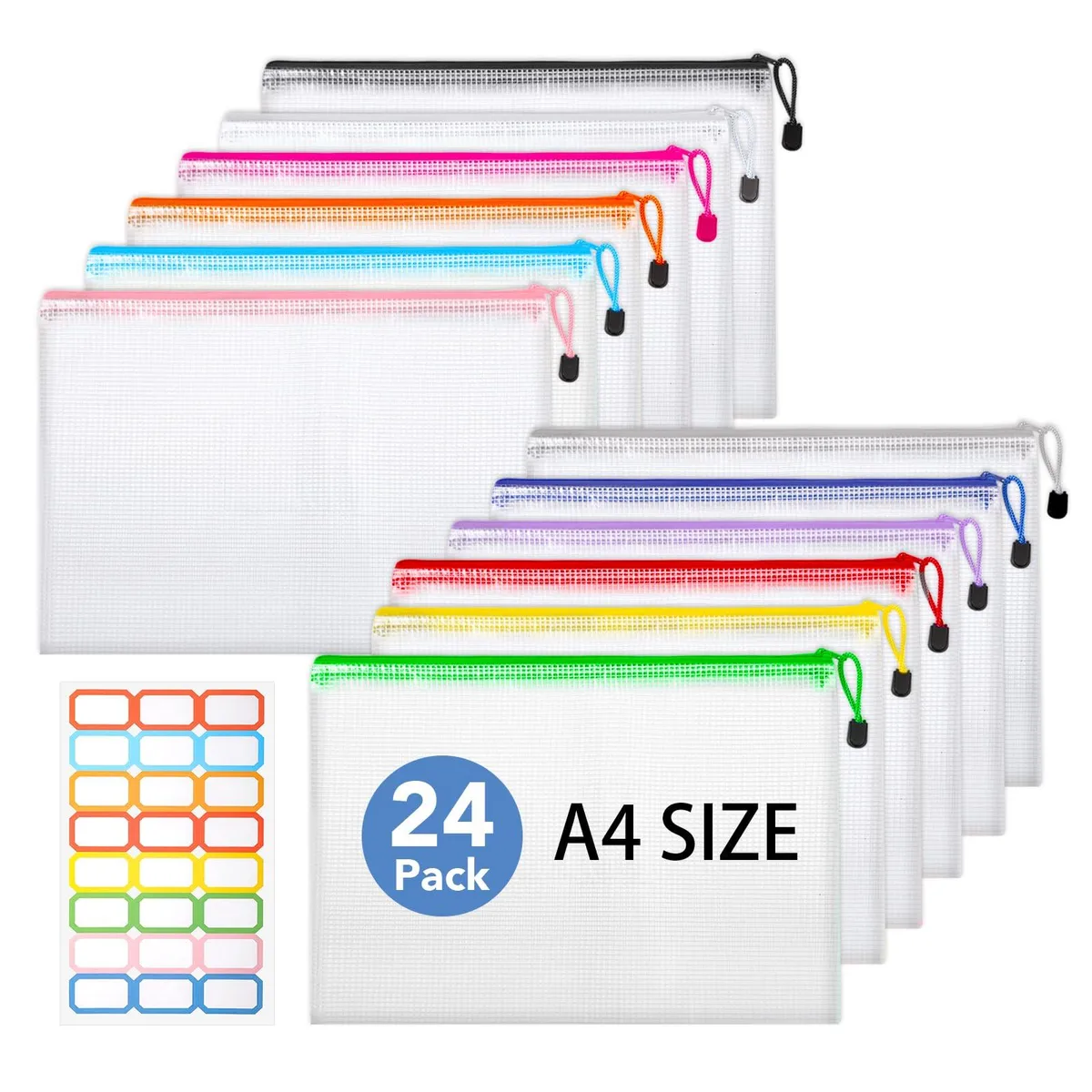 Twenty-four A4 mesh zipper pouches in twelve colours, translucent PVC with metal zips