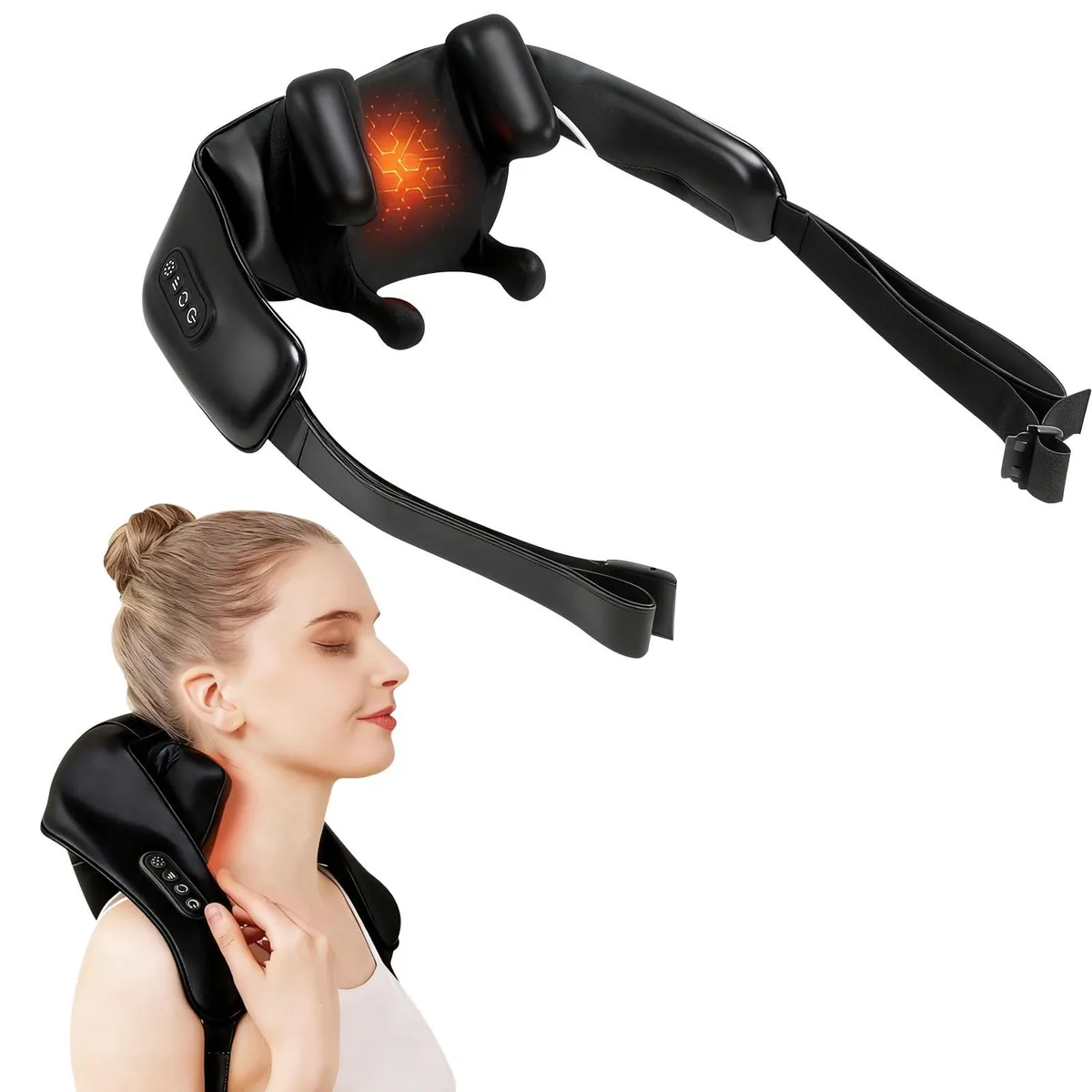 Blue cordless shiatsu massage pillow with adjustable straps