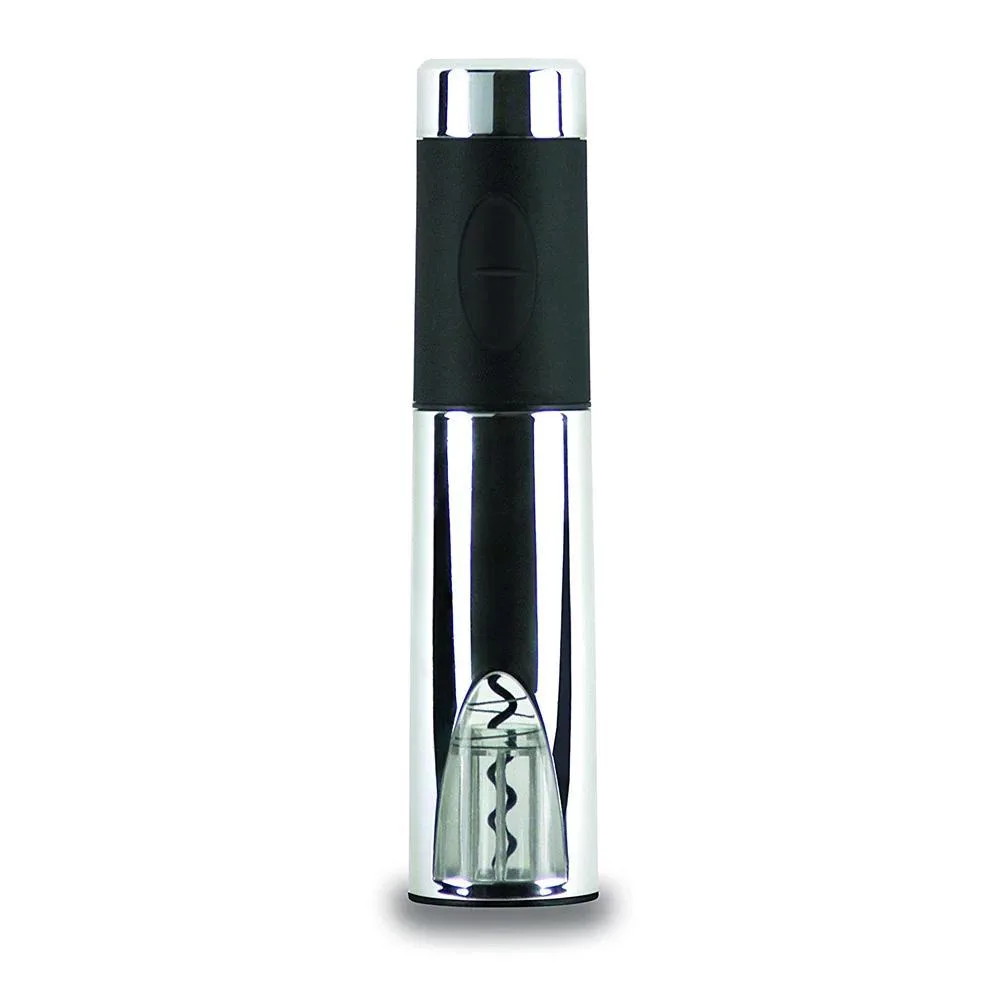 Black and silver battery wine opener, cylindrical, 10 inches tall