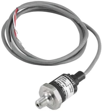 Compact cylindrical transducer with cable leads and male NPT fitting