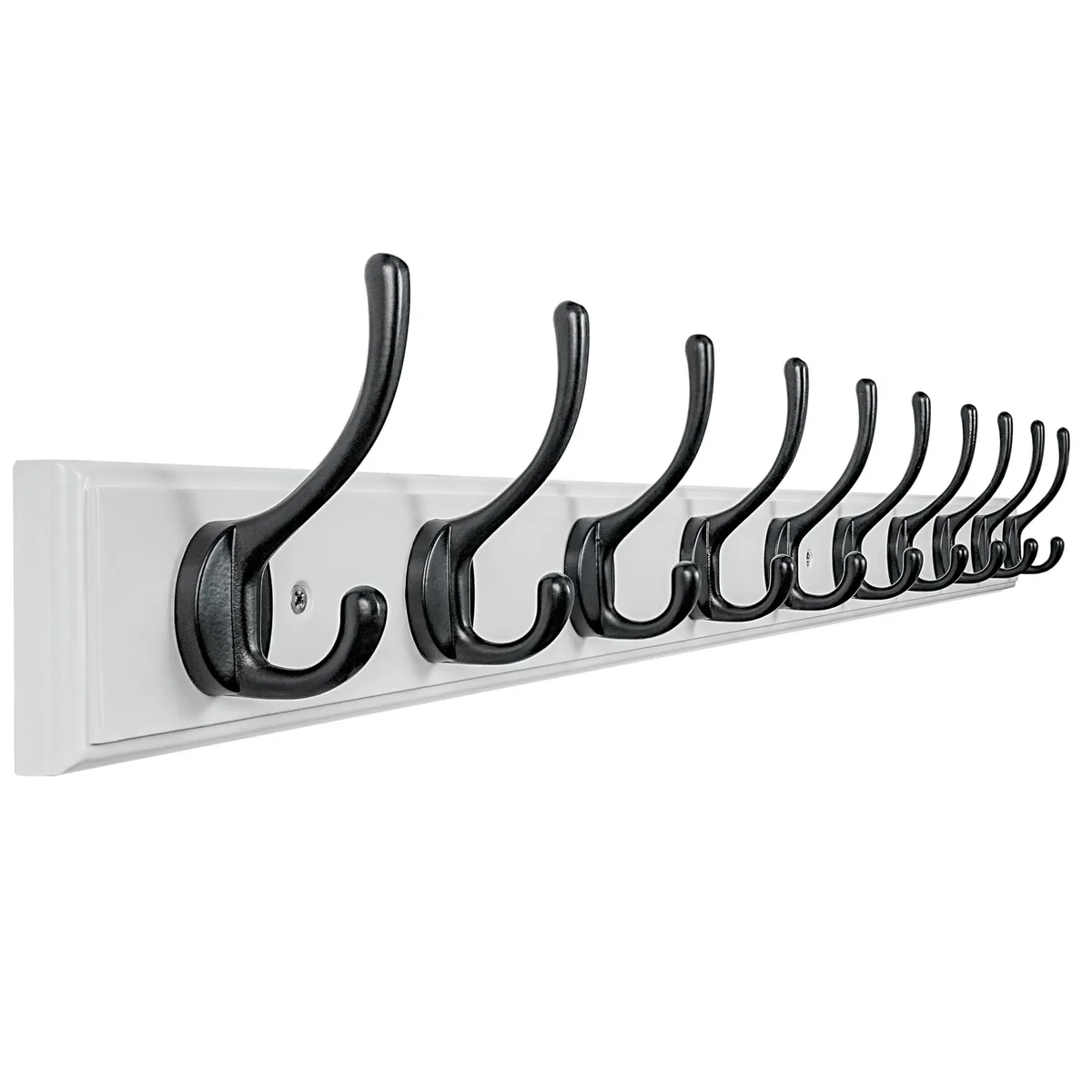 White and black wooden coat rack with ten double hooks, thirty-eight inches long