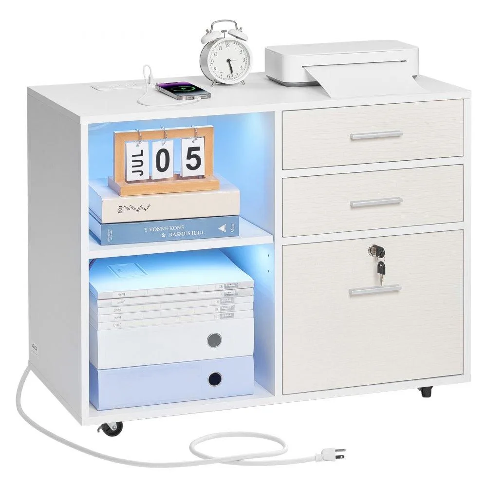 White wooden file cabinet with three wave-patterned drawers, LED light strip, five swivel casters and open shelves above