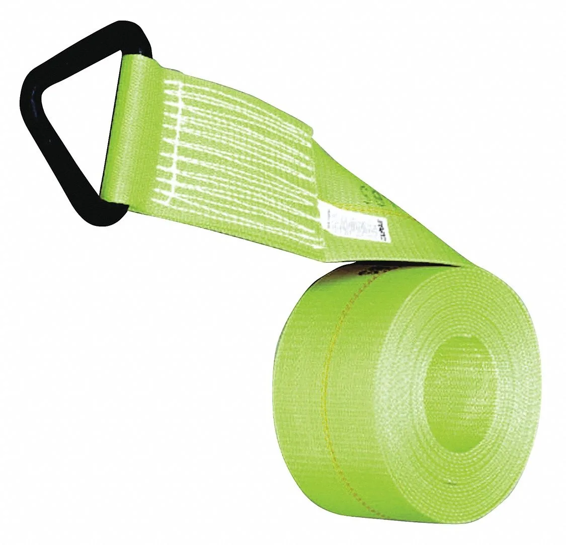 Yellow polyester winch strap with steel D-ring end, 27 ft long, 4 in wide