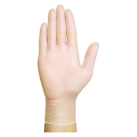 Clear vinyl disposable gloves in a box of 100