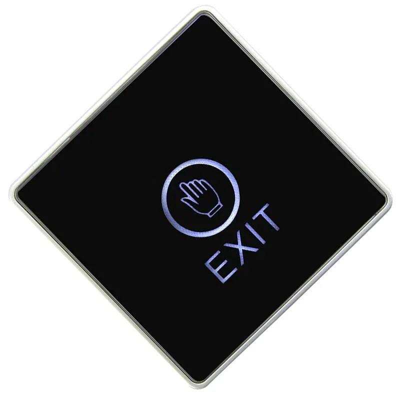 Square blue-backlit touch exit button, 86x86x25 mm, metal finish