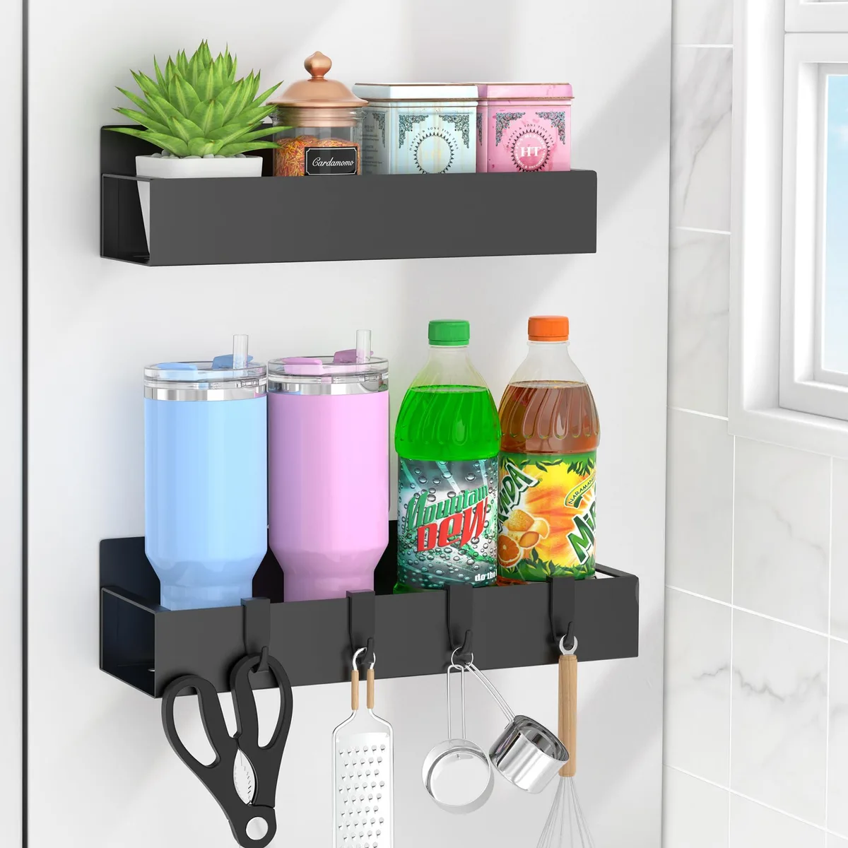 Two red plastic magnetic fridge racks, round, two-tier, with hooks