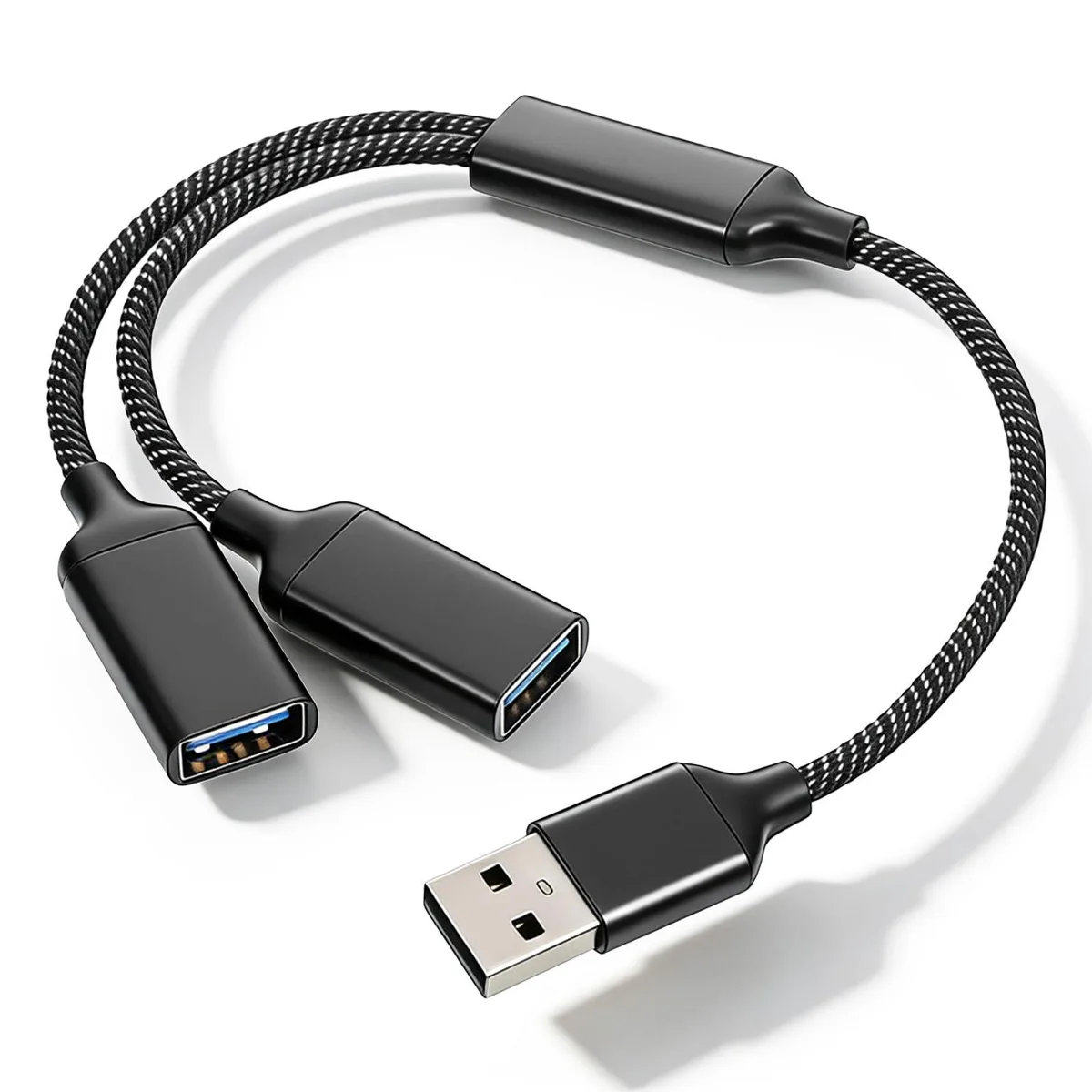 Black USB Y-splitter cable, 28 cm, aluminum alloy shell with braided nylon cord, one male to two female Type-A ports