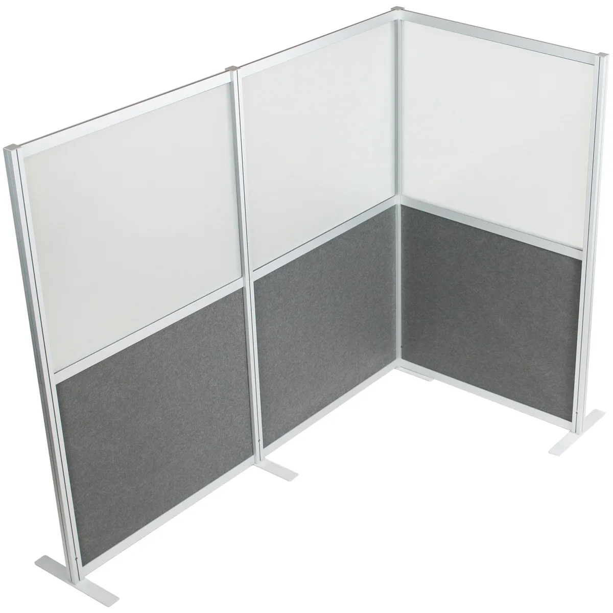 Three dark grey L-shaped panels with frosted acrylic inserts and silver aluminium frames on steel feet