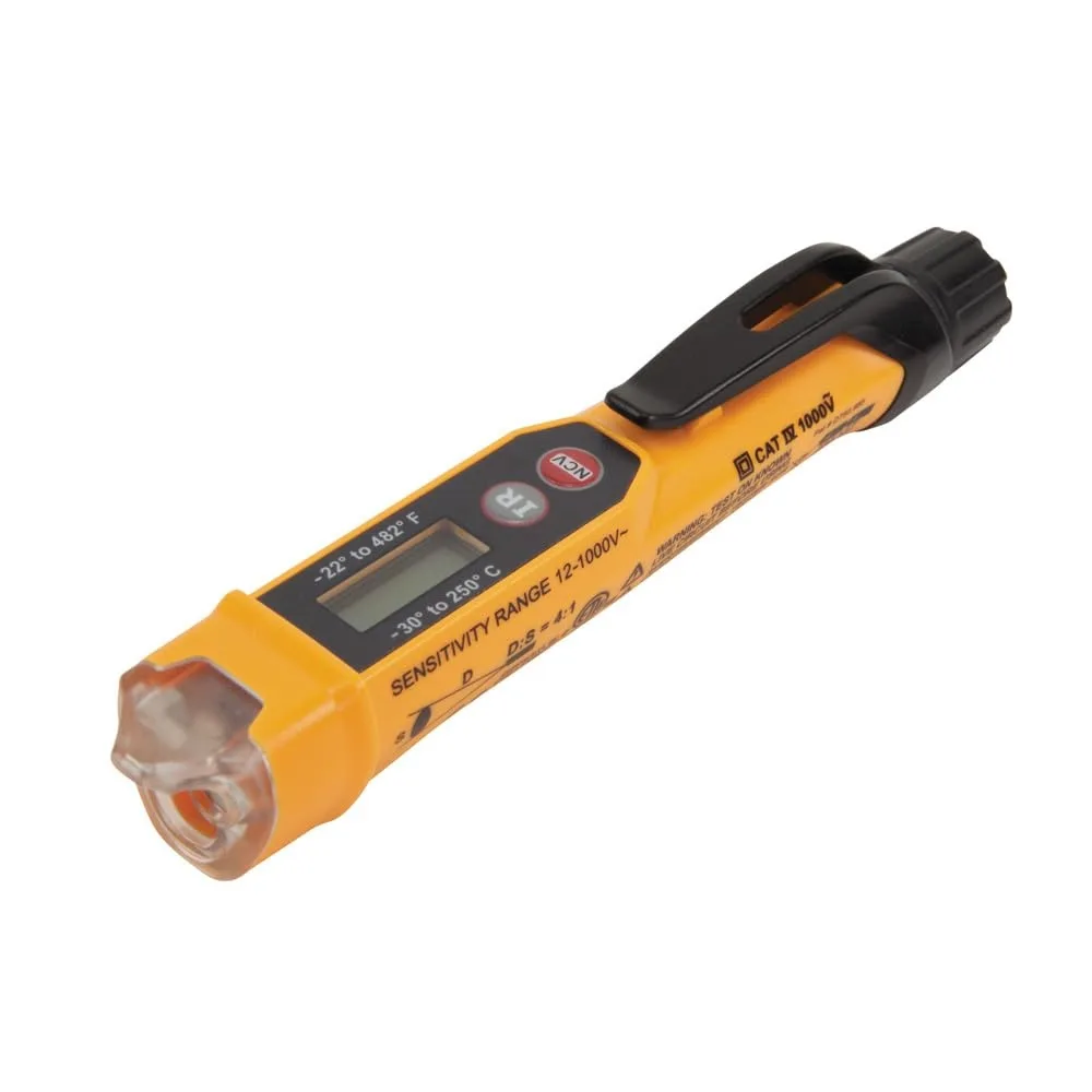 Yellow pen-style tester with pocket clip and IR sensor tip