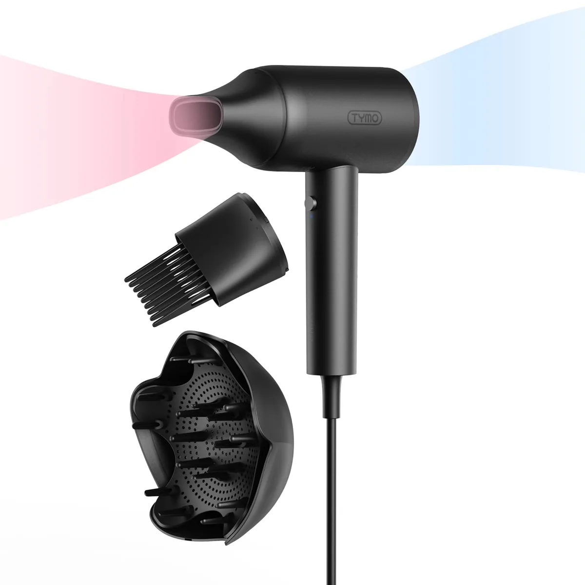 Black TYMO HC605 hair dryer with diffuser, comb and concentrator attachments