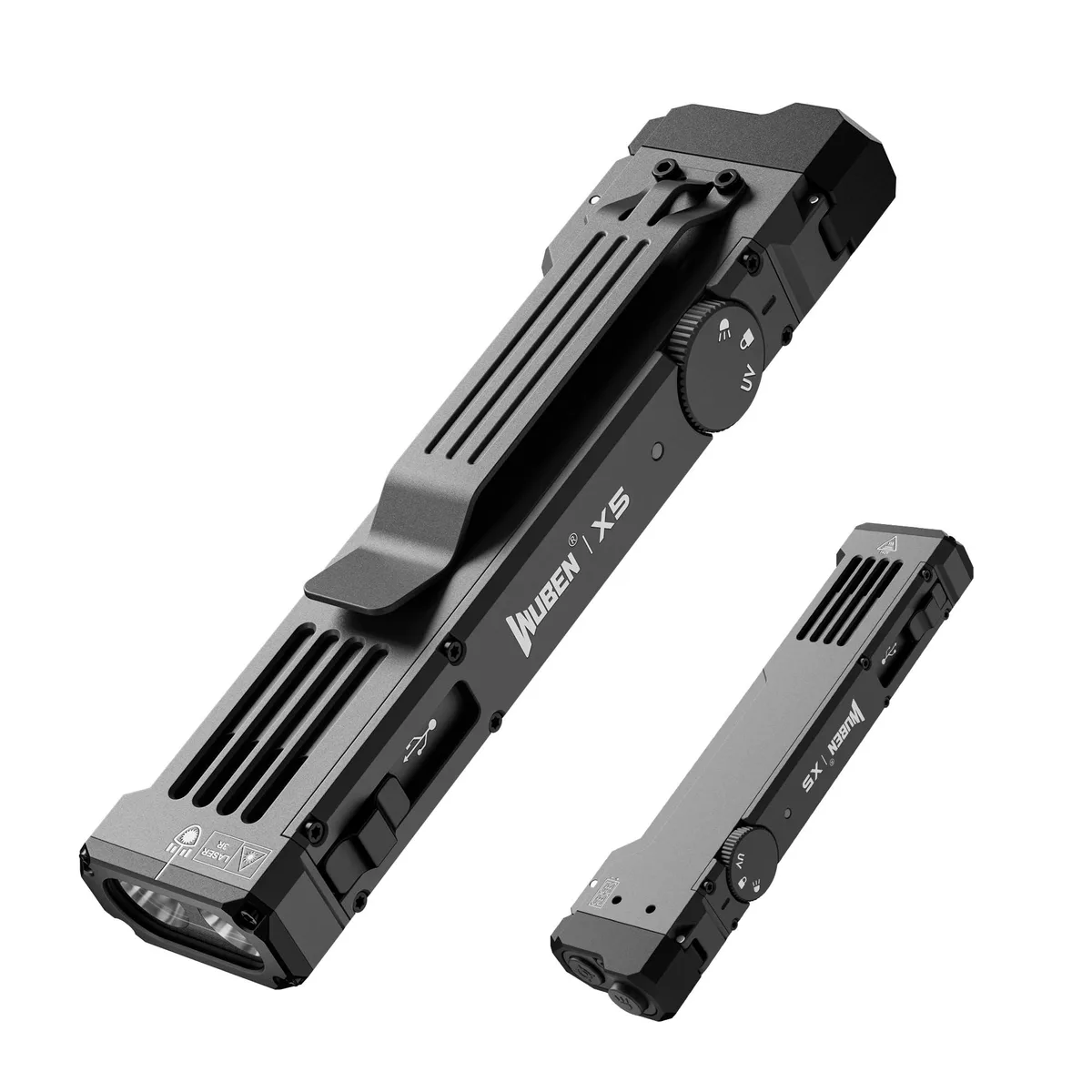 Flat aluminium flashlight with USB-C port, metal clip and lanyard, green and UV emitters visible