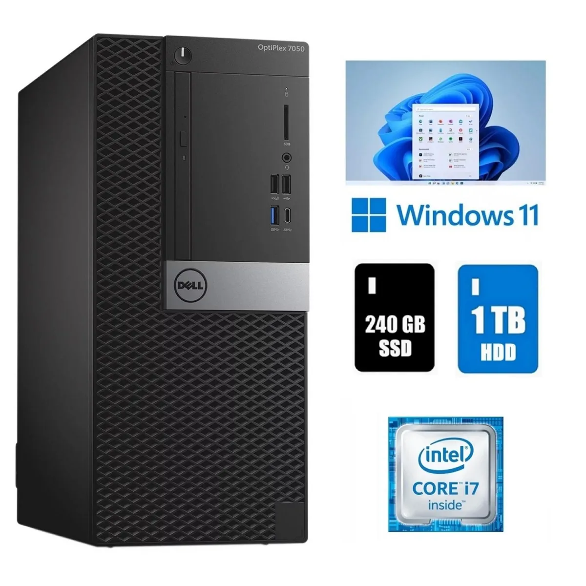 DELL DELL OptiPlex 7050 MT Core i7 16GB 1TB HDD 240GB SSD Windows 11 Pro desktop PC — product photo