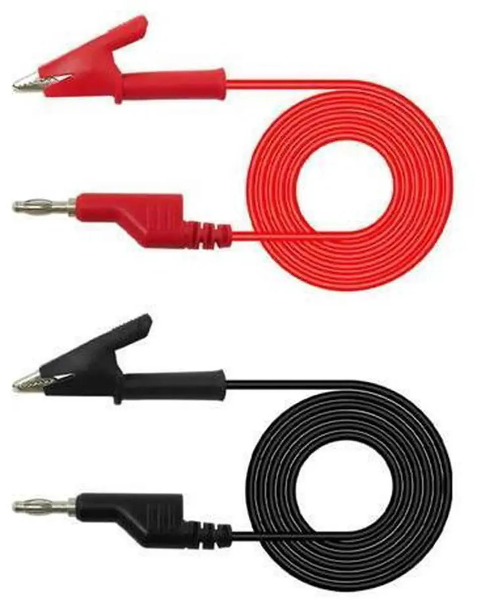 Two 1-metre test leads, red and black, with 4 mm banana plugs and alligator clips