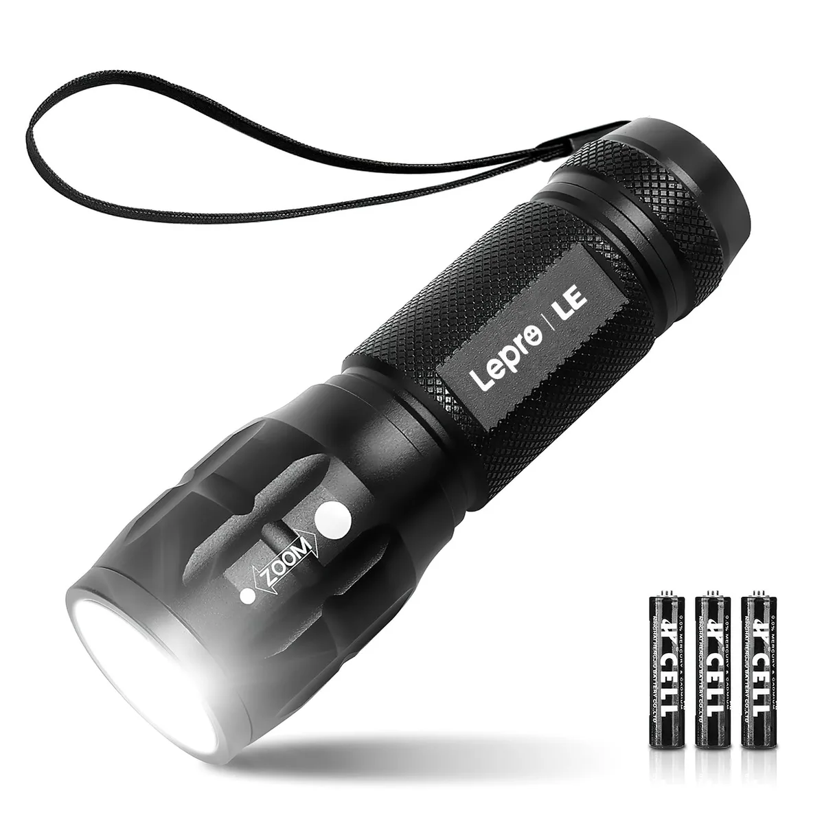 Compact aluminium flashlight with zoomable head, dark finish