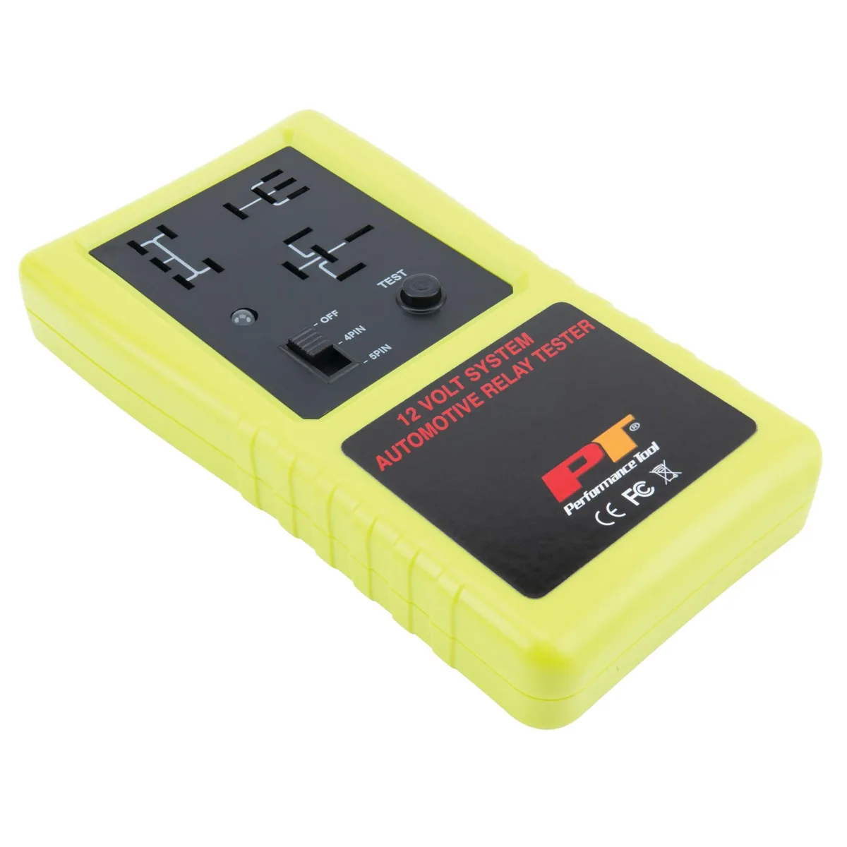 Compact grey handheld relay tester with two relay sockets and red green LED indicators