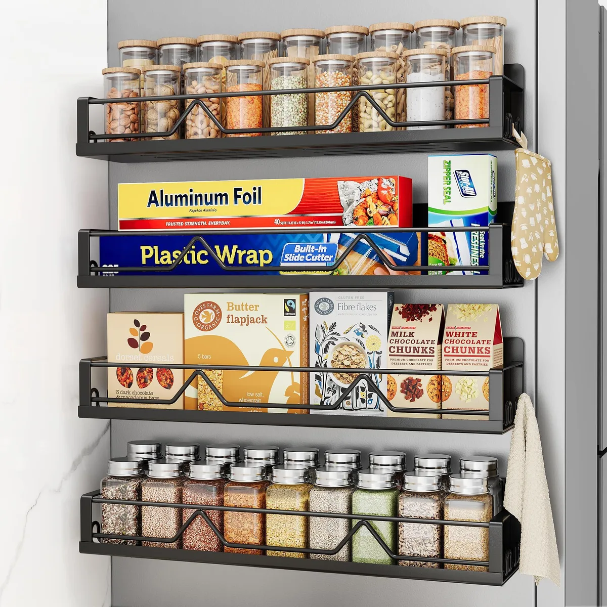 Red two-tier magnetic rack with four shelves attached to a metal surface