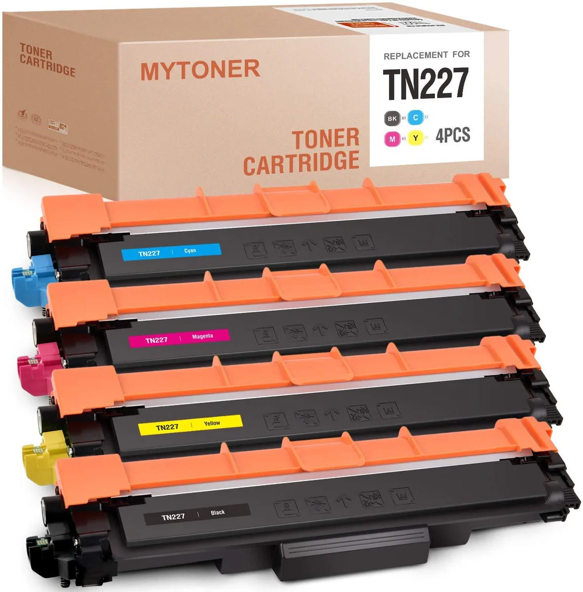 Four rectangular toner cartridges in black cyan magenta yellow inside a sealed box